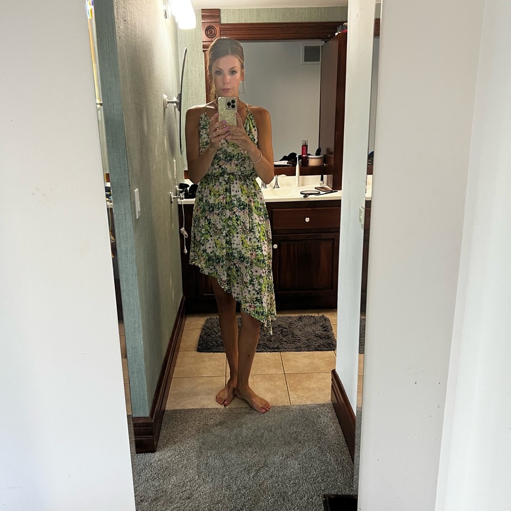 Pink and green floral asymmetric dress